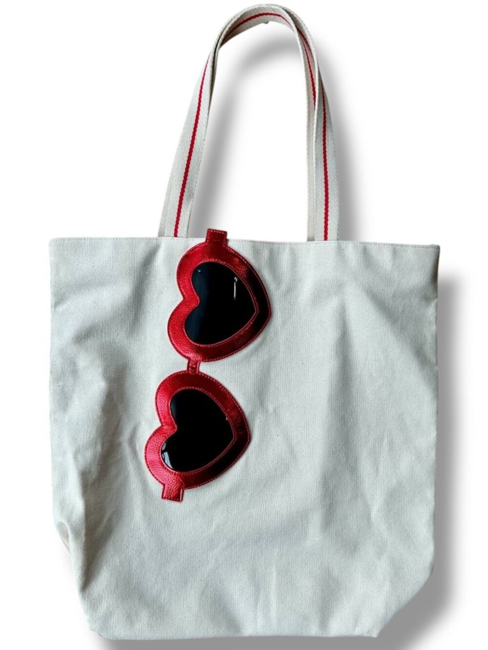 Bath & Body Works Red Sunglasses Beige Canvas Tote Bag Red Zipper Closure